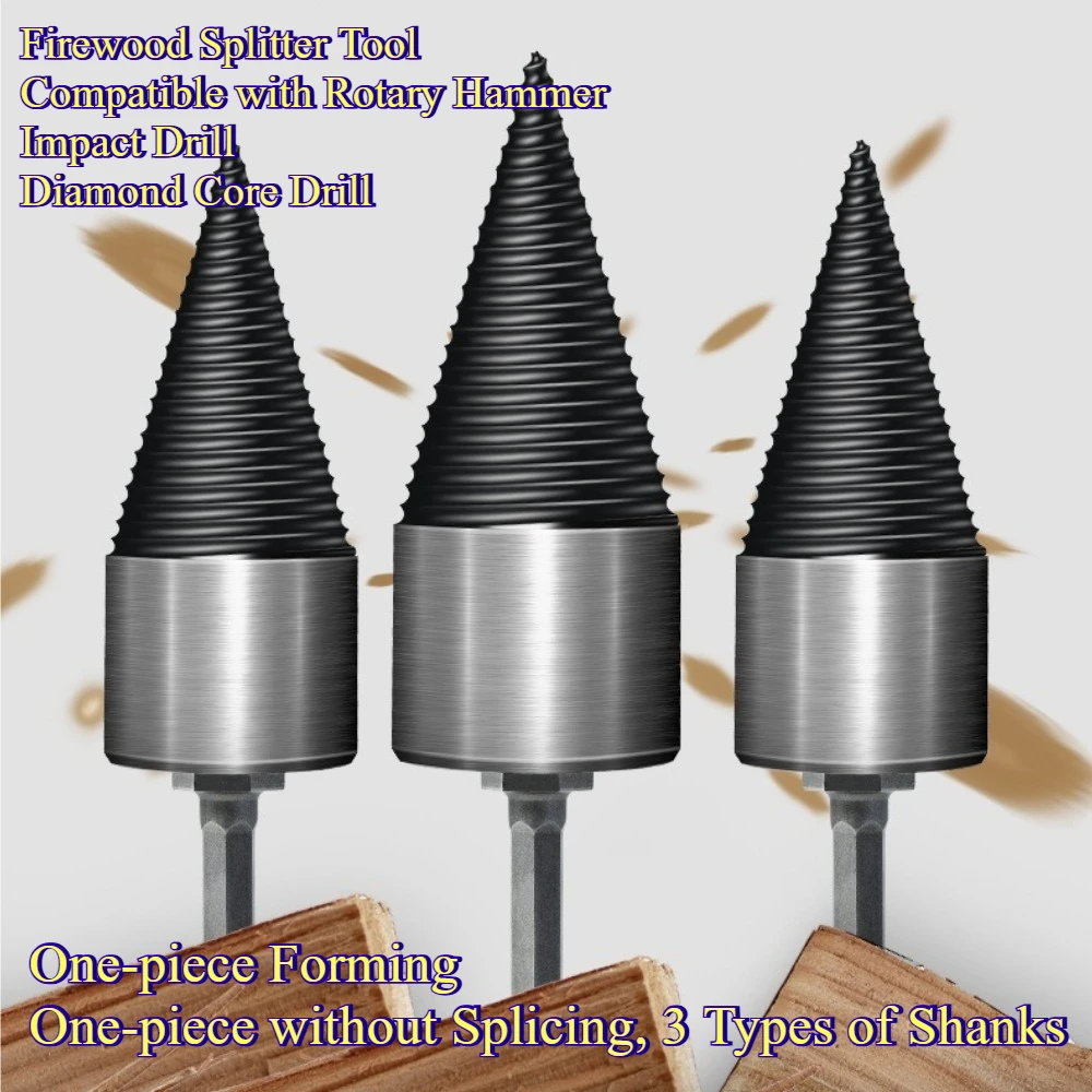 Wood Splitting Cone Drill Bit Log Splitter Screw Cone, Round Square Hex Shank Firewood Splitting Tool for Electric Drill Hammer