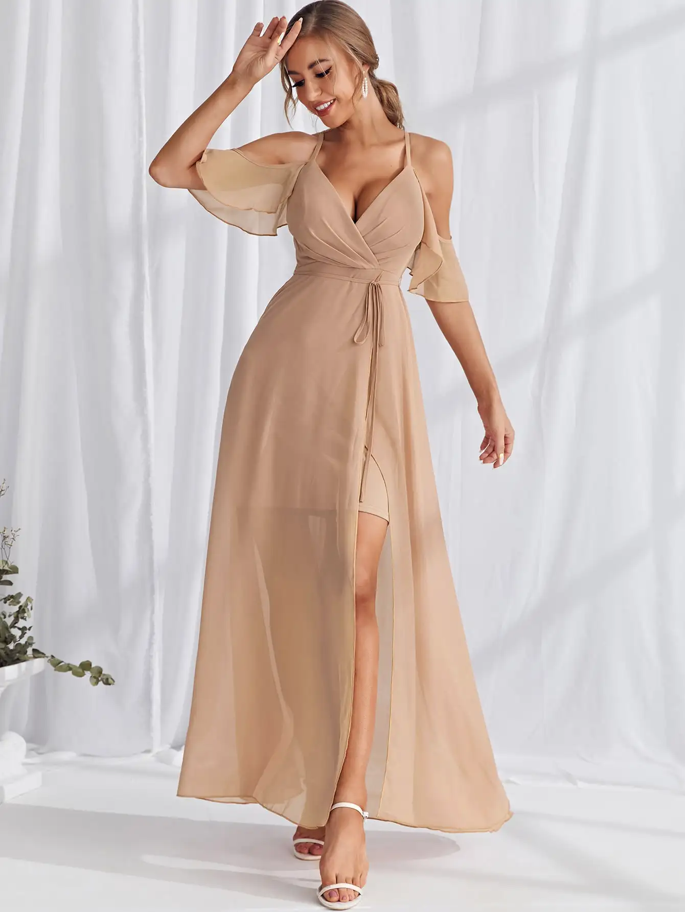 Uni thorse Cold Shoulder Wrap Saum Gürtel Maxi Ballkleid