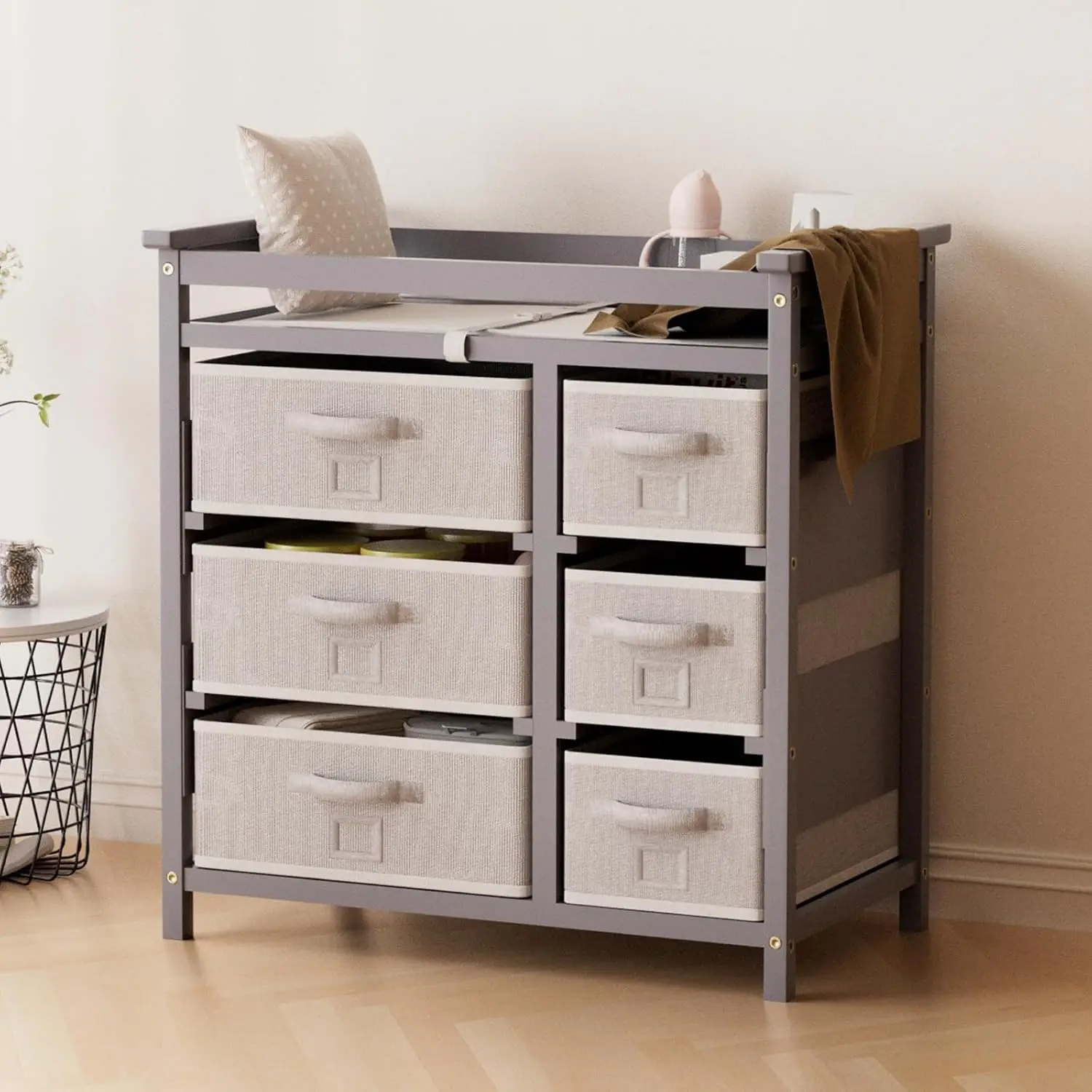 

Table, Diaper Changing Station with 6 Storage Drawers and Changing Pad, Changing Table Dresser, Gray