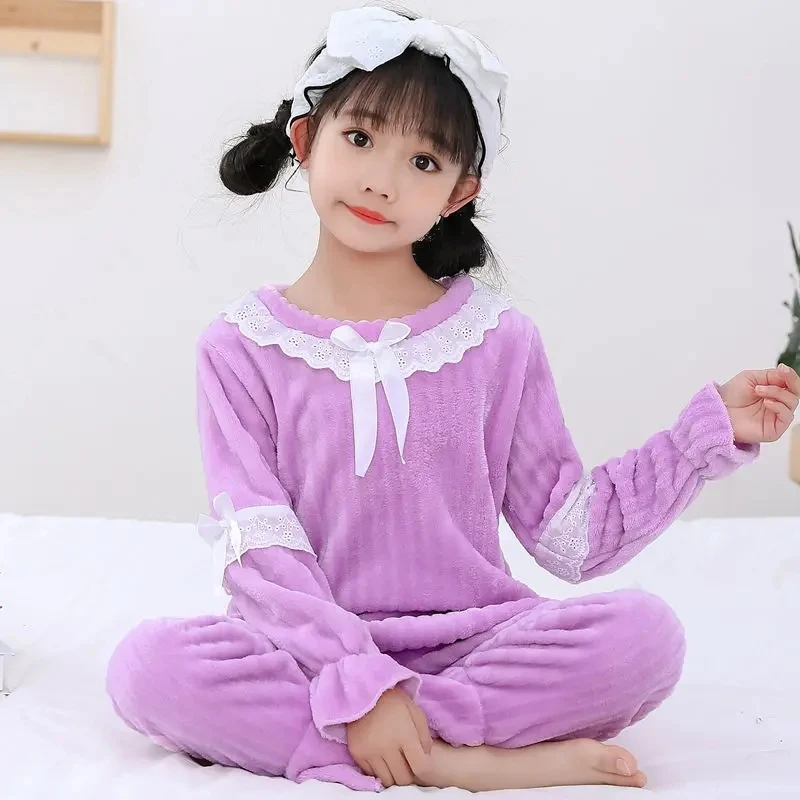 Princess Style Children Pajamas Set Simple Pure Color Flannel Girls Long-sleeved Pajamas Autumn Winter Baby Warm Home Clothes