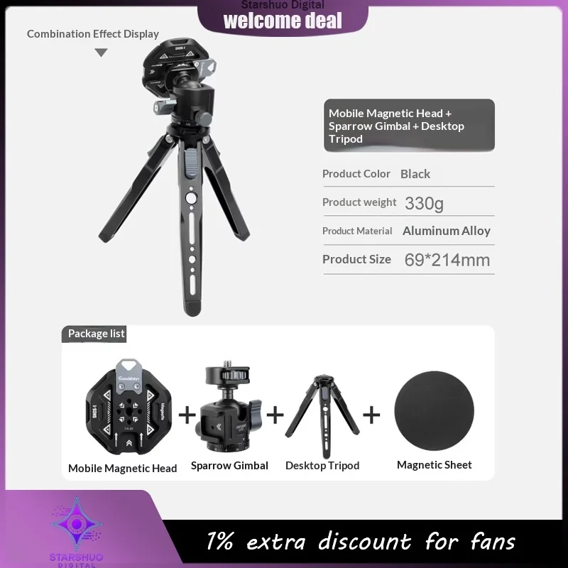 

GOODSHIAN Metal Phone Car Mount for Live Streaming Navigation Magnetic Clip Base Cold Shoe Expansion Plate Connecting Rod Stand