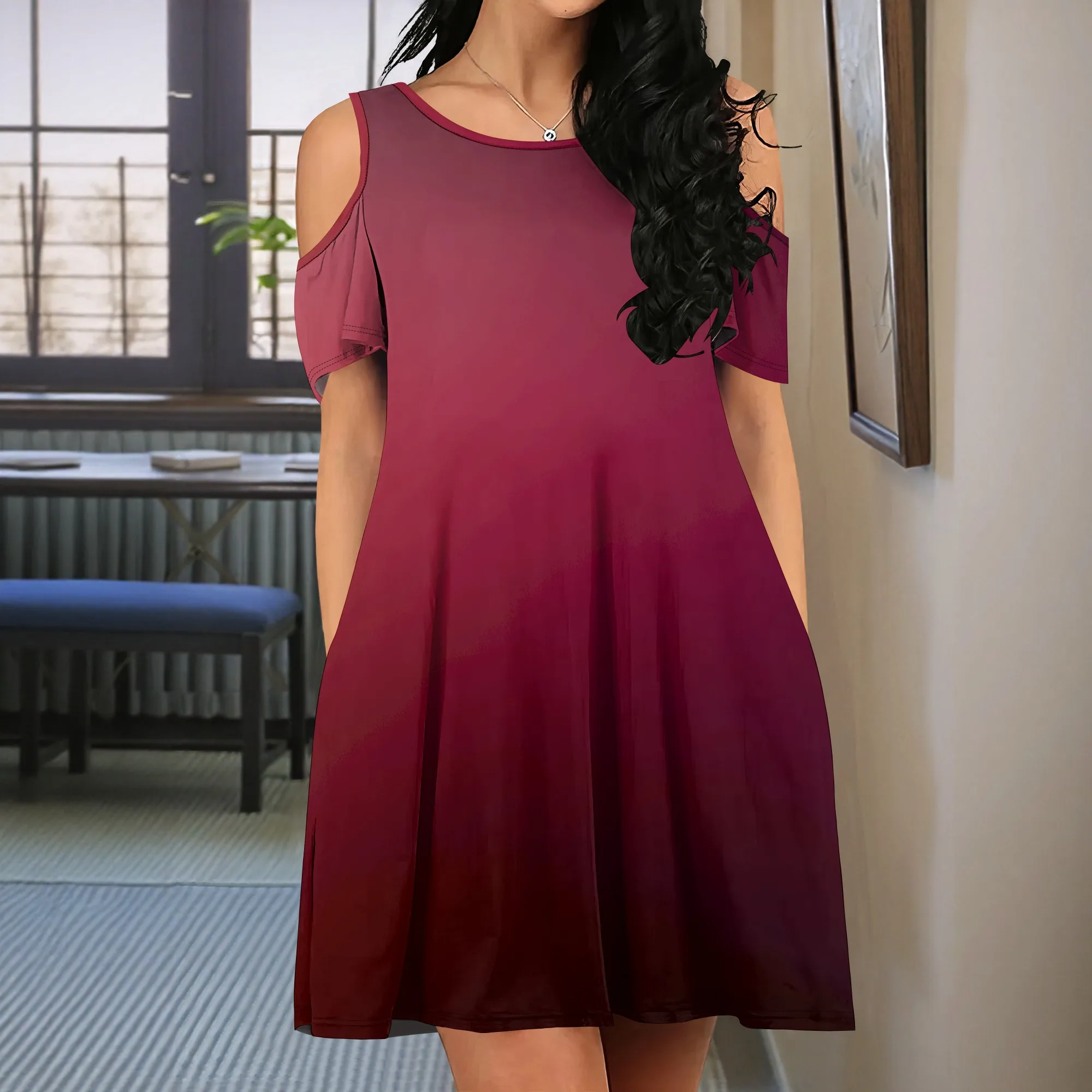 Short Sleeve Women's Cold Shoulder Dress with Pockets Casual Swing T-Shirt Dresses