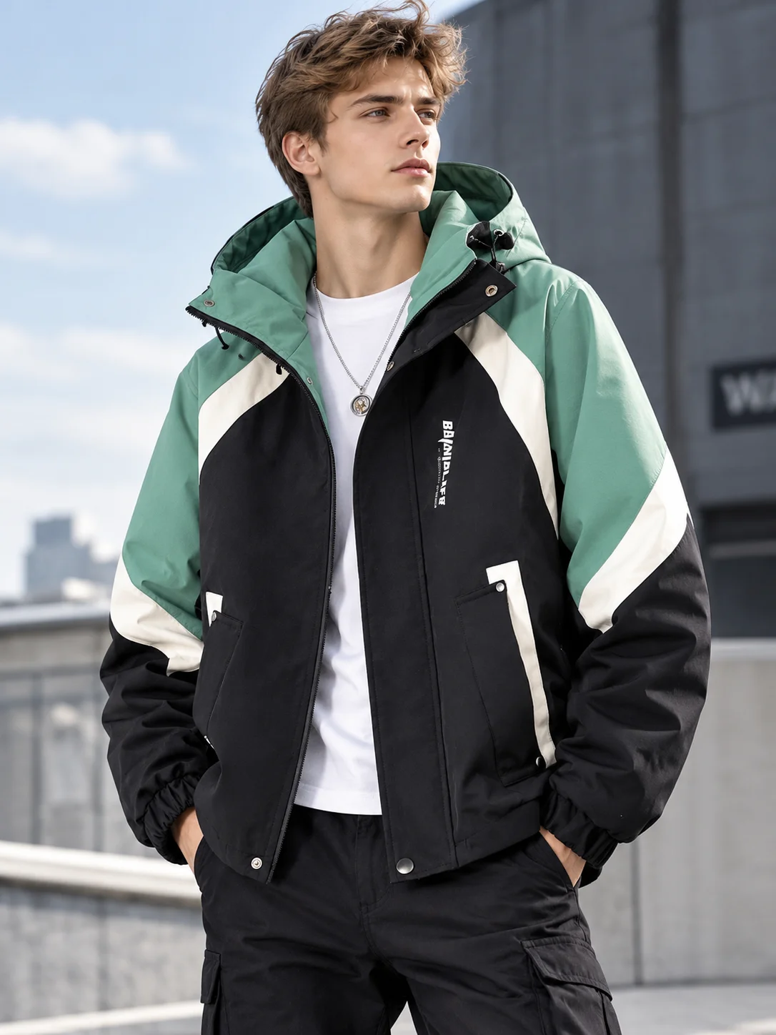 2027 Men's Plus Size Color Block Hooded Windbreaker Jacket Casual Outdoor Loose Fit Spring Autumn Lightweight Zip Up Coat
