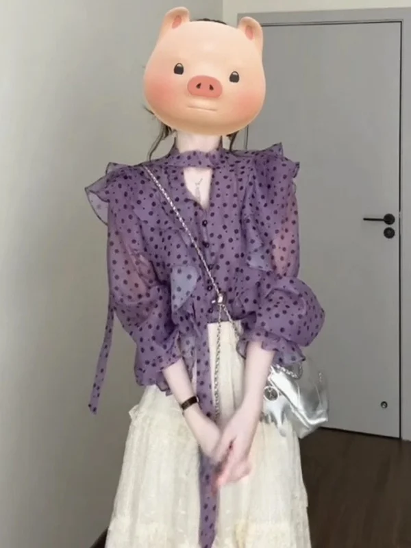 

Женская модная футболка Ele Polka Dot Purple Long Sleeve с V-образным вырезом, свободного кроя, новая коллекция весна-лето