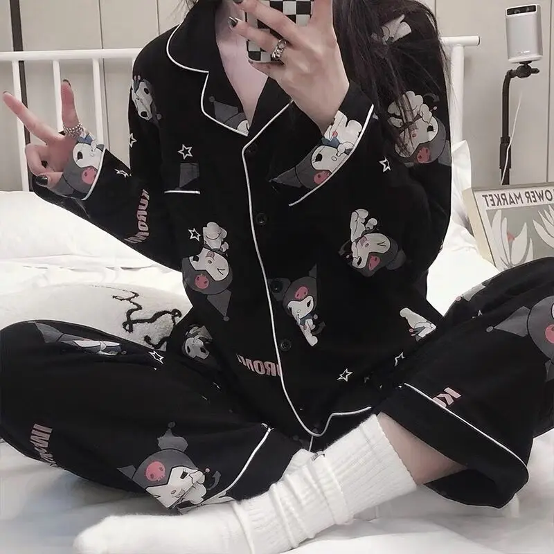 

Kawaii Sanrio Kuromi пижамы Ins аниме Женщины Весна Осень Темный Маленький Дьявол с длинными рукавами Домашняя одежда костюм 2 шт. комплект пижамы