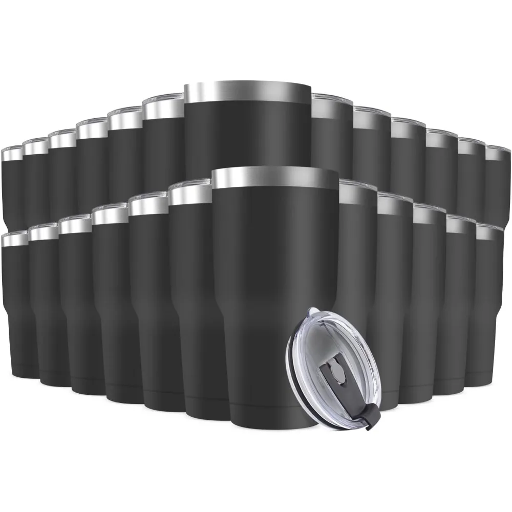 

30-Ounce Stainless Steel Travel Mugs with Lids, 25-Pack Double Wall Vacuum Insulated Tumblers, Powder Coated Bulk Coffee Cups