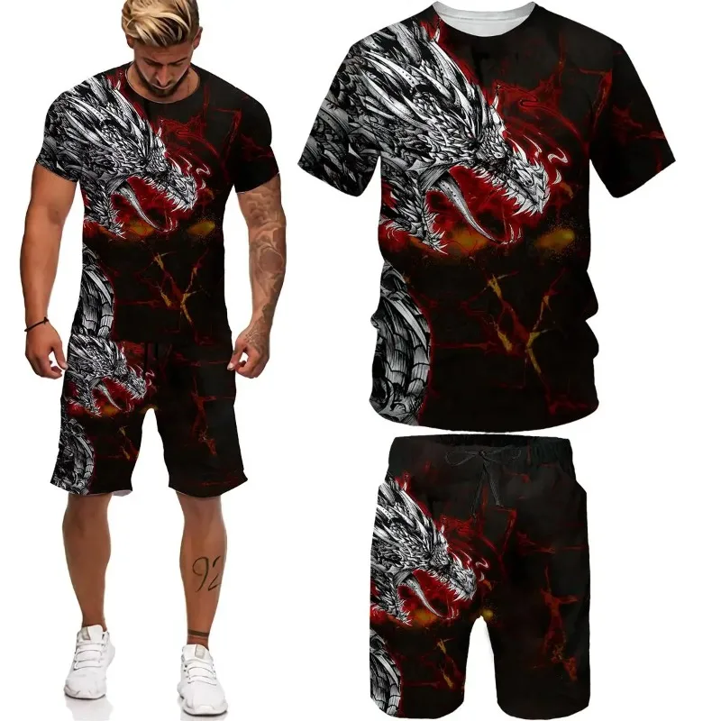 

2025 Summer Children's Set Boys' Casual Dragon Pattern 3D Printed Short Sleeved T-shirt Sports Shorts 2-piece Set