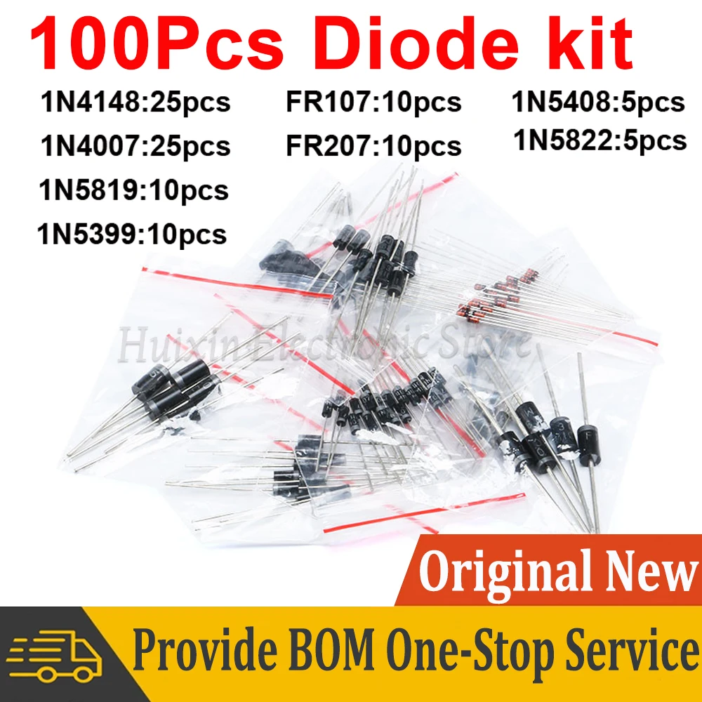 100pcs 8 value Fast Switching Schottky Diode kit set 1N4148 1N4007 1N5819 1N5399 1N5408 1N5822 FR107 FR207 Electronic Components