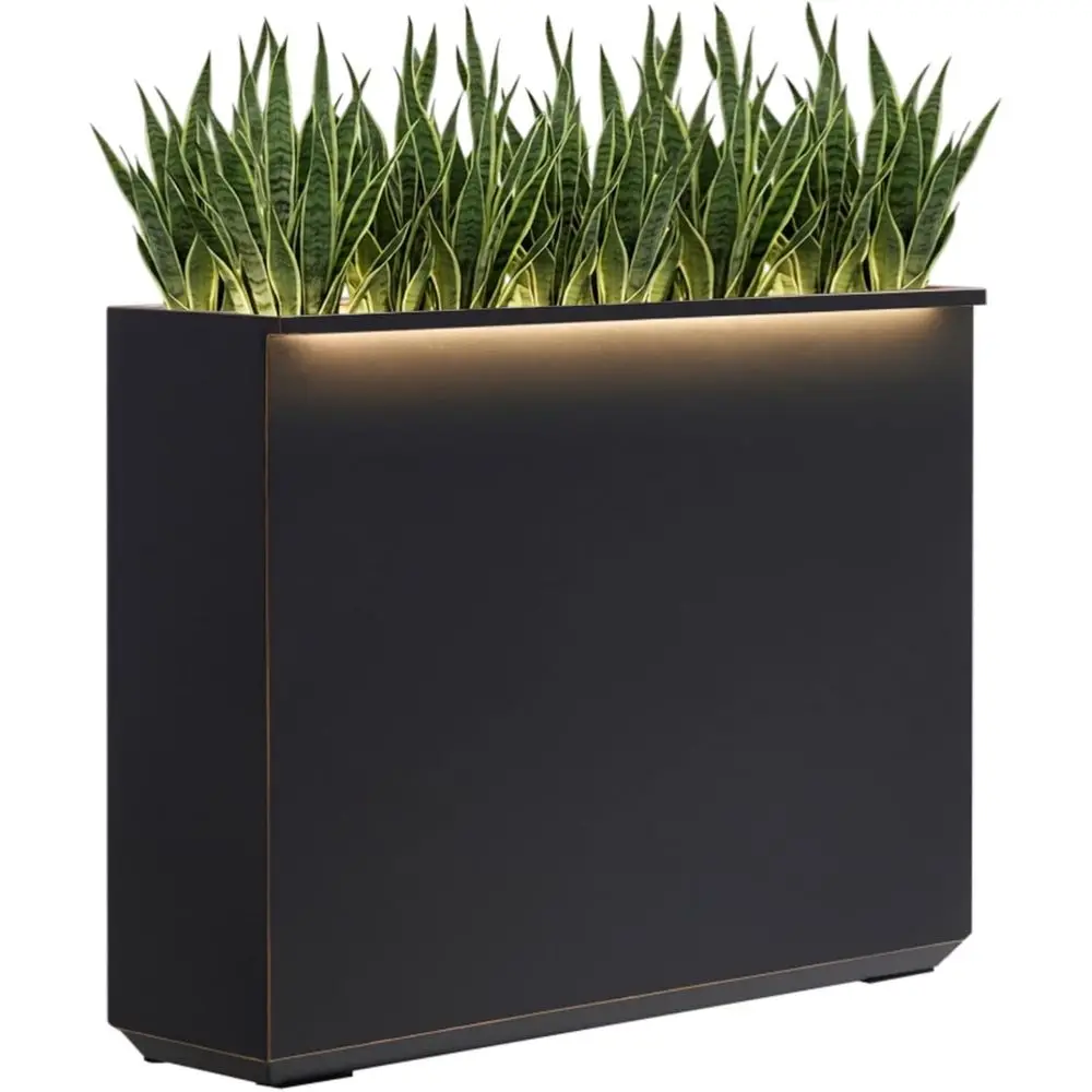 

Heavy Metal Planter with LED Lights, 38x10x30 Inches, Tall Divider Box, Brushed Gold Edge, Indoor/Outdoor, No Assembly, Black