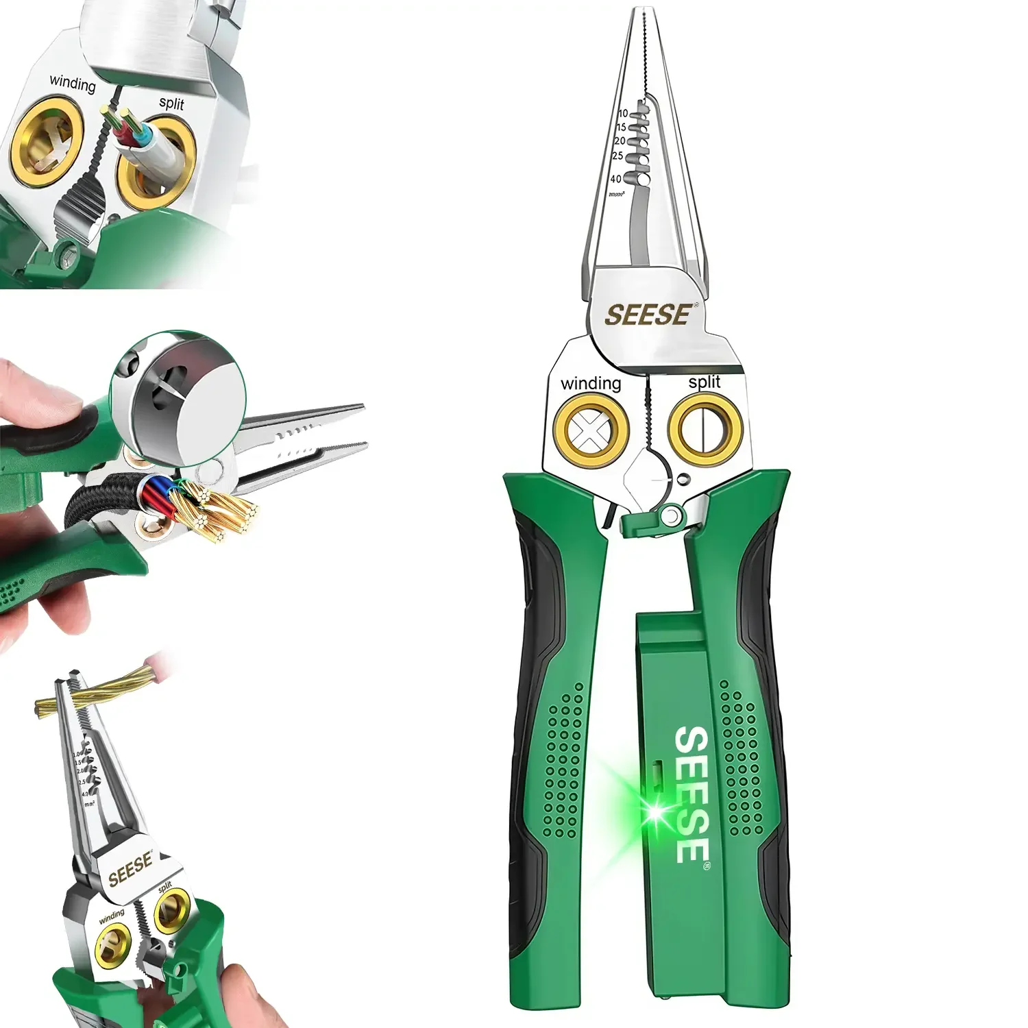 SEESE 8-in-1 Abisolierzange und Drahtdreher zum Schneiden und Ziehen von Drähten, Spannungsprüfer-Zange, Kabelschere, 12V bis 250V Spannungsfreundlich