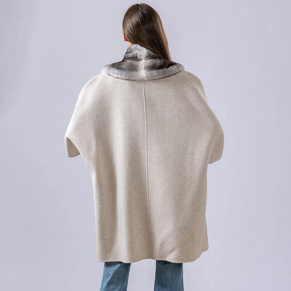 100% Wool Long Coat Bat Sleeve With Real Rex Rabbit Fur Front Elegant and refined woolen coat with a thin waist belt 25A0408