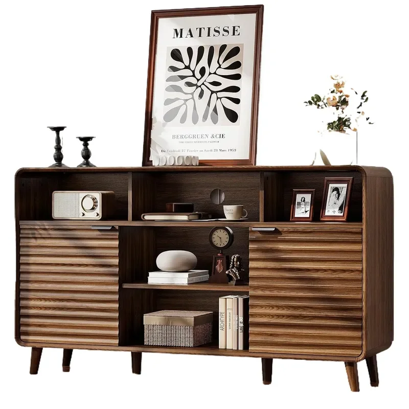 Modern Walnut TV Cabinet with Grooved Sliding Door Multifunctional Storage Unit for Living Room and Bedroom Furniture