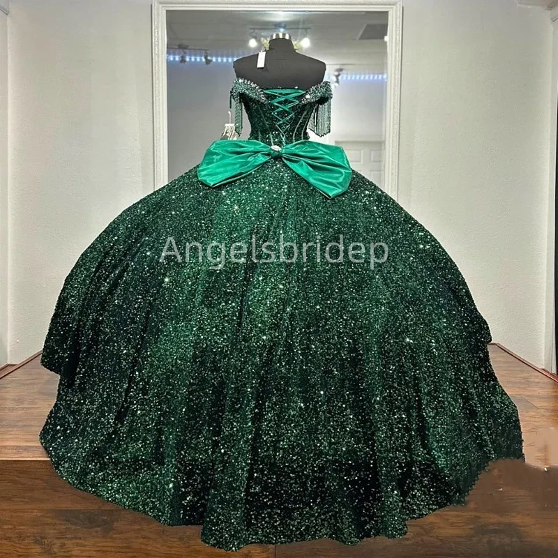 Angelsbride Sparkly Blackish Green Sequined Quinceanera Dresses Ball Gown Dress Prom Gowns Lack Up Tassel Sweet 16 Dresses