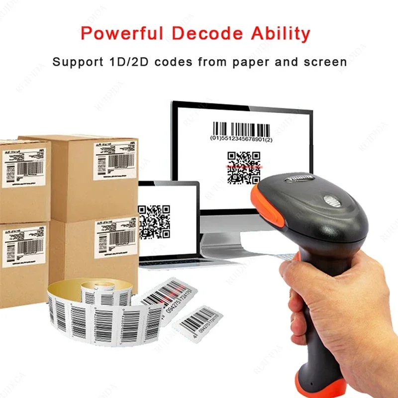 Wired QR Code Scanner or Wireless Barcode Reader or Bluetooth Wireless 1D 2D Scanner Handheld Reader for PDF417 Data Matrix