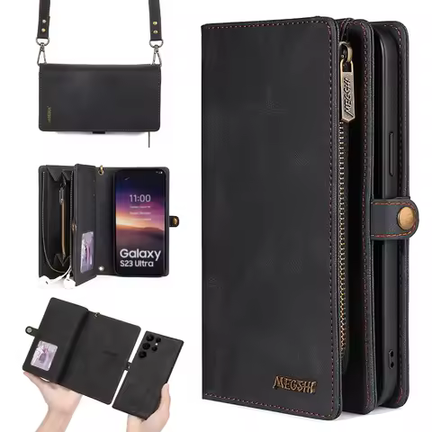 Shoulder Strap Bag Wallet PU Leather Zipper Phone Case For Samsung Galaxy S10 S20 S21 S22 S23 S24 S25 Plus Ultra