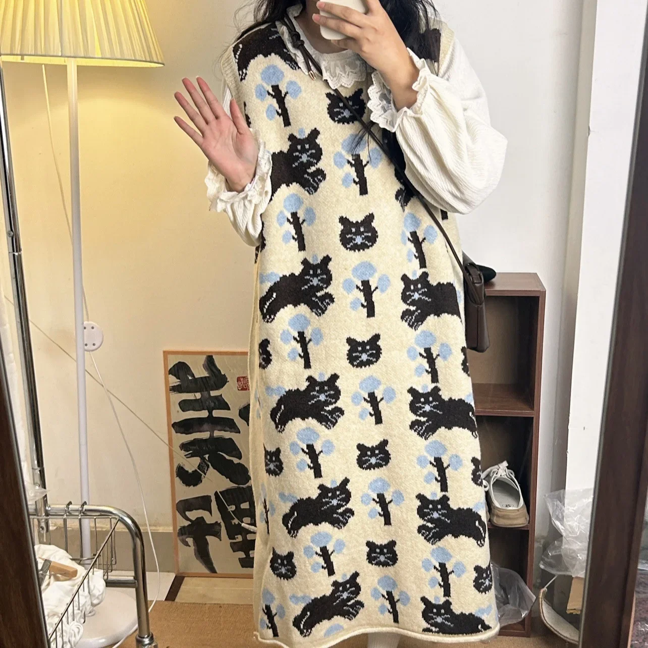 Plus size cartoon cat jacquard sweater vest skirt women\'s autumn and winter new slim and lovely age-reducing knitted dress