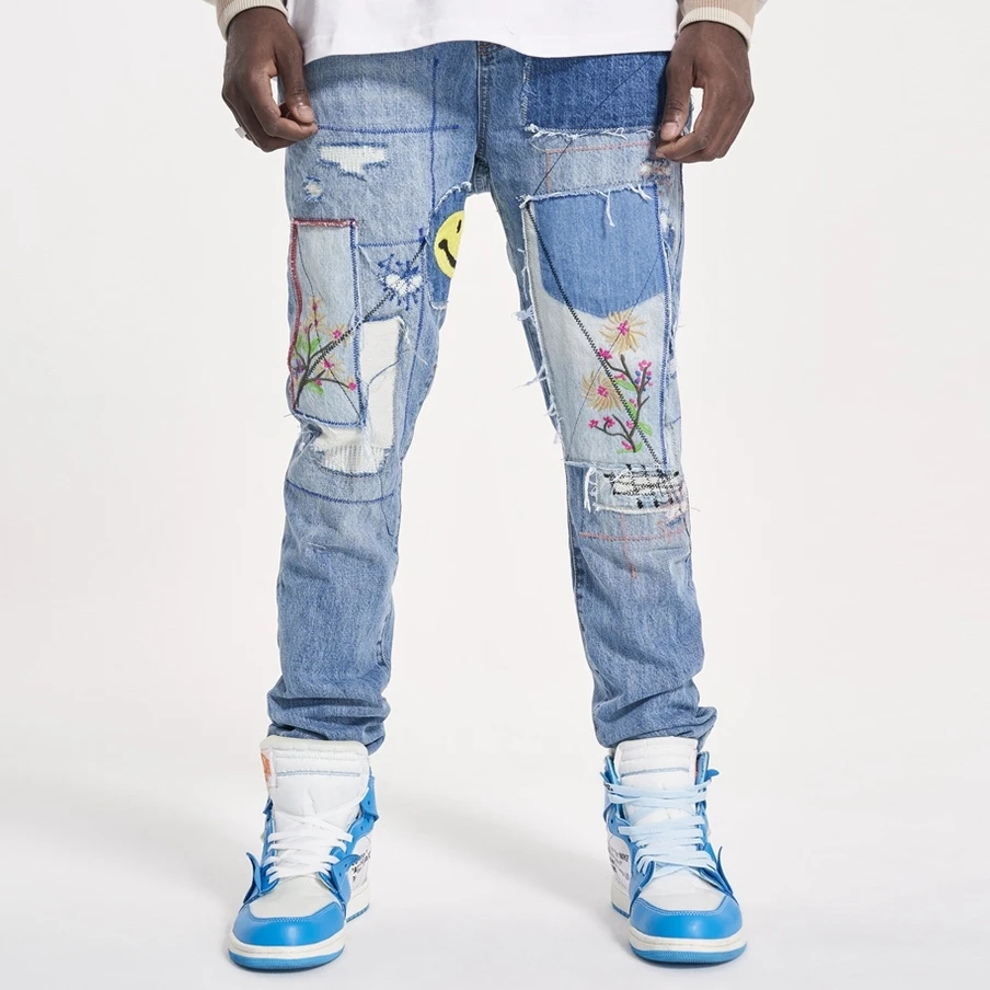 High Street Floral Embroidery Patchwork Ripped Blue Jeans Pants for Male Retro Straight Casual Denim Trousers Oversized Jean