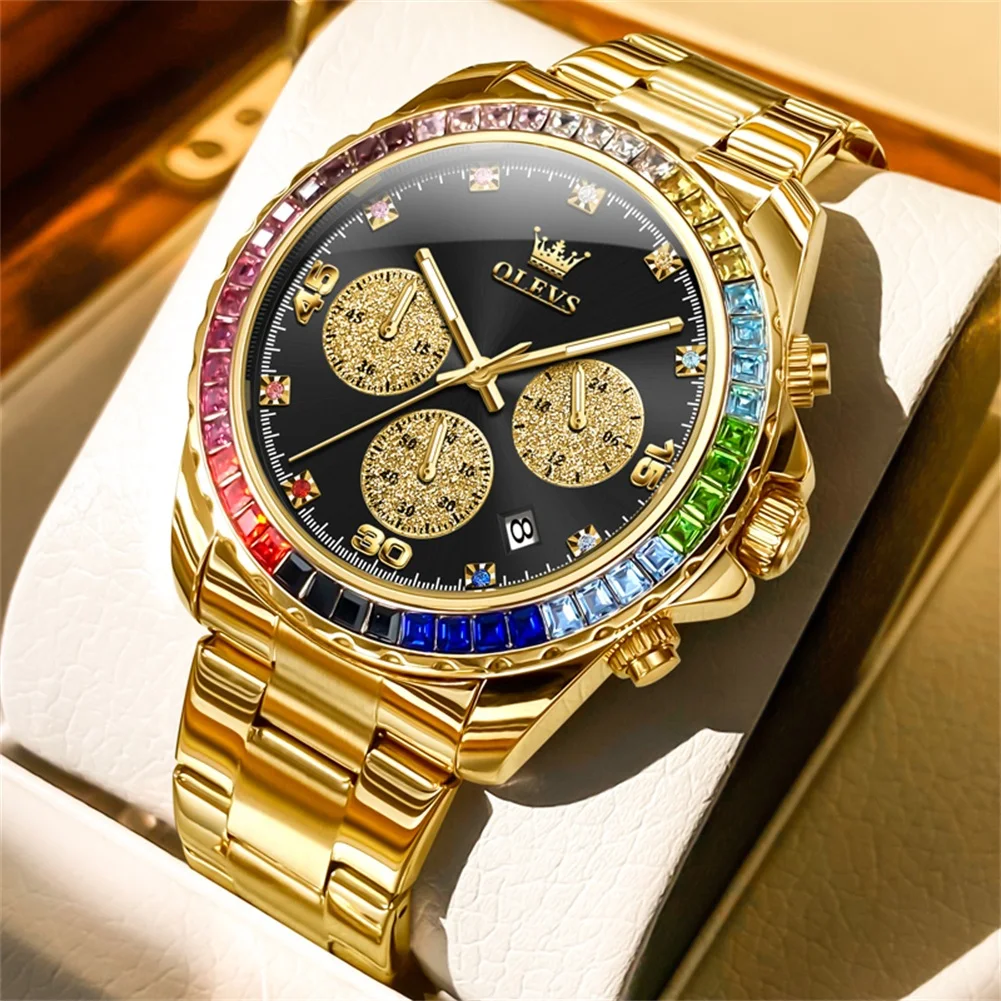 Uhr für Männer OLEVS Regenbogen Edelstein Lünette Business Luxus Top Marke Quarz Uhren Wasserdichte Sport Uhren reloj hombre 7