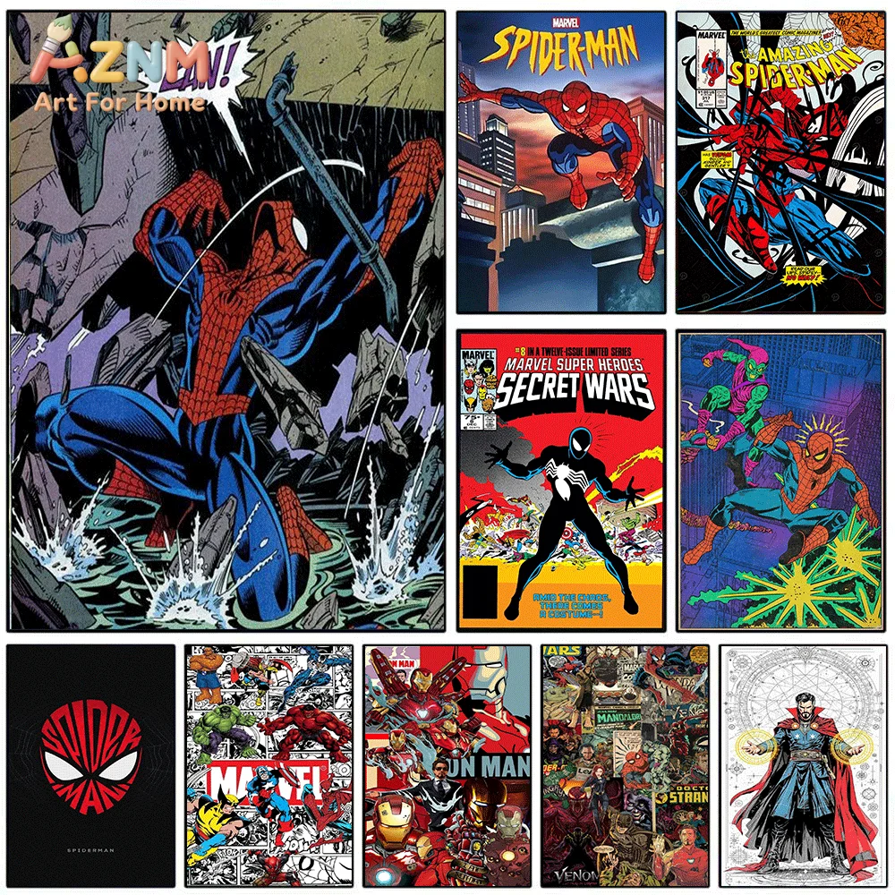 AZNM Impresión en Lienzo de Escena de Lucha de Spiderman, Póster Artístico Vintage de Batalla de Superhéroes, Lienzo Sin Marco