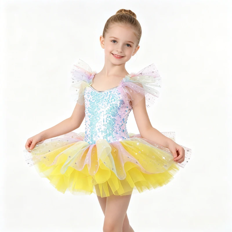 

Rainbow Sequined Ballet Dress, Princess Tutu Leotard, Summer Dance Costume for Stage Performance, Ballet Outfit for 3-10Y