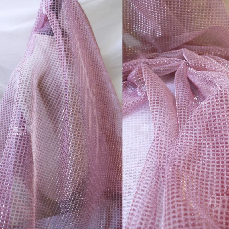 Pink Silver Square Grid Bright Silk Mesh Fabric Wedding Dress Performance Runway Fashion Designer Diy for Sewing Material Cloth