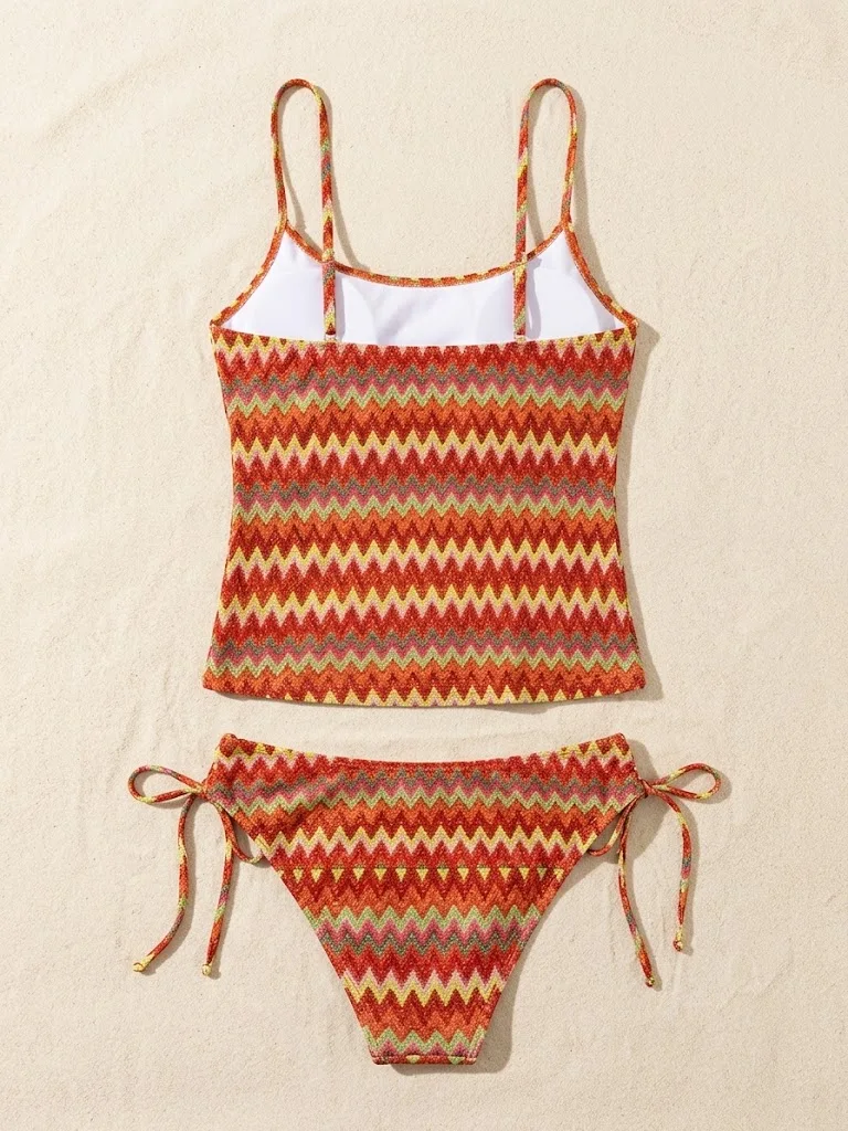 JEWELRY SEN Women 2 Piece Tankini Set Bohemian Chevron Print Spaghetti Strap Drawstring Long Top High Cut Beach Suit Swimwear