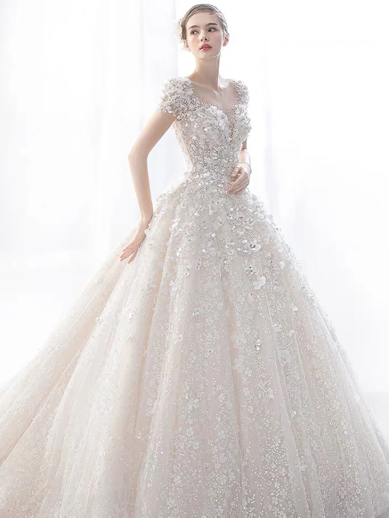 

Sequins Wedding Dress Flower Illusion O-neck Bead Applique Puff Short Sleeve Elegant Court Train Tulle Ball Bridal Gown Vestidos