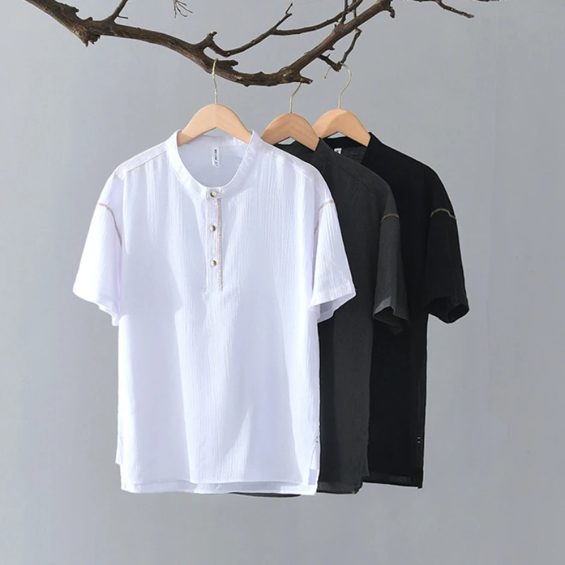 2024 Summer New Casual Cotton Linen Short Sleeve Pullover T-Shirts Men Clothing Thin Soft Breathable Streetwear BL142