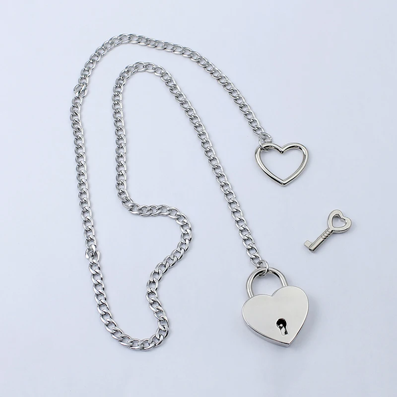 Womens Slip Chain Necklace Heart O-Ring Punk Rock Cuban Long Necklace Jewelry Adjustable Lariat Y-Necklace Heart Locker With Key