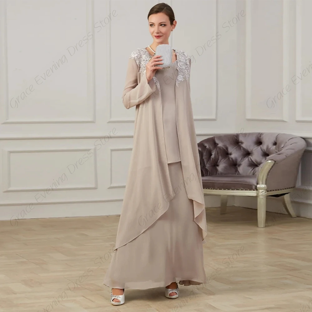 Ankle Length Charmpagne Mother of Bride Dresses with Lace Full Sleeve Wedding Party Gown for Wedding 2023 Robe De Soirée Summer