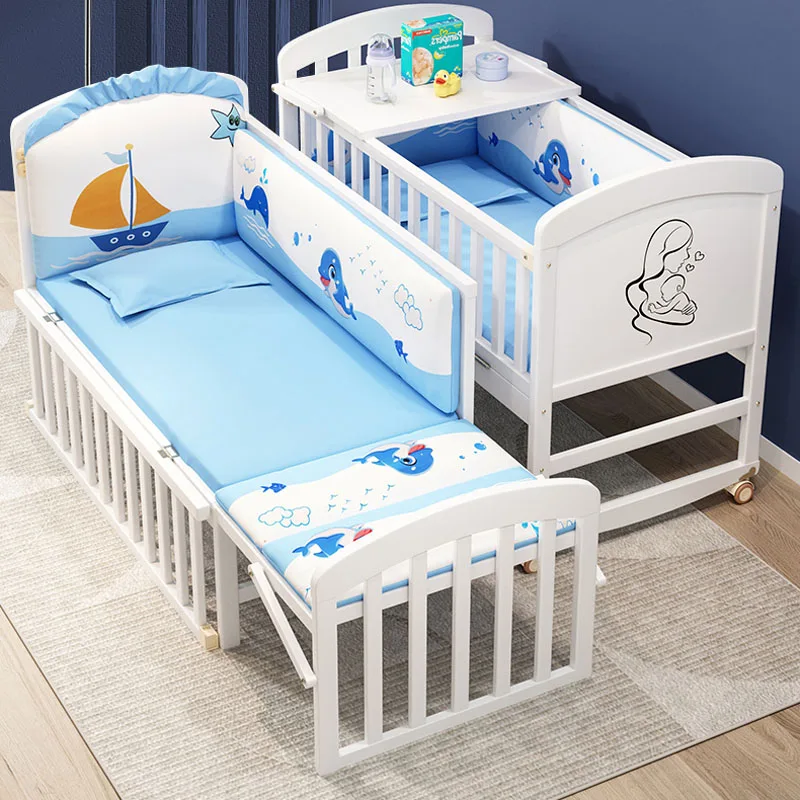 Houten babybedje met klamboe en luiertafel converteren naar kinderbed, beddengoedset, babybedje, bed, schommelmatras