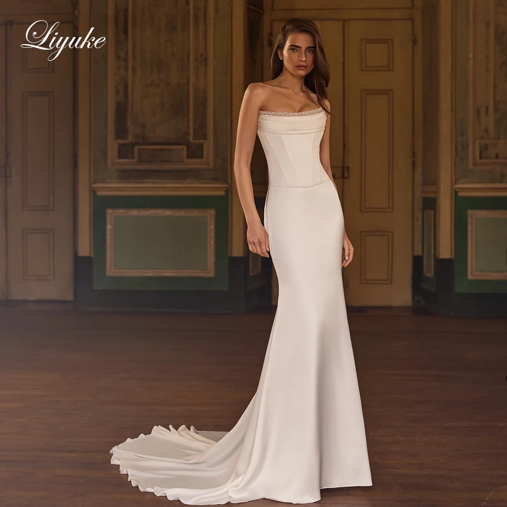Liyuke Custom Made Simple Satin Mermaid Wedding Dress Beaded Pearls Strapless Pleats Trumpet Bridal Gowns