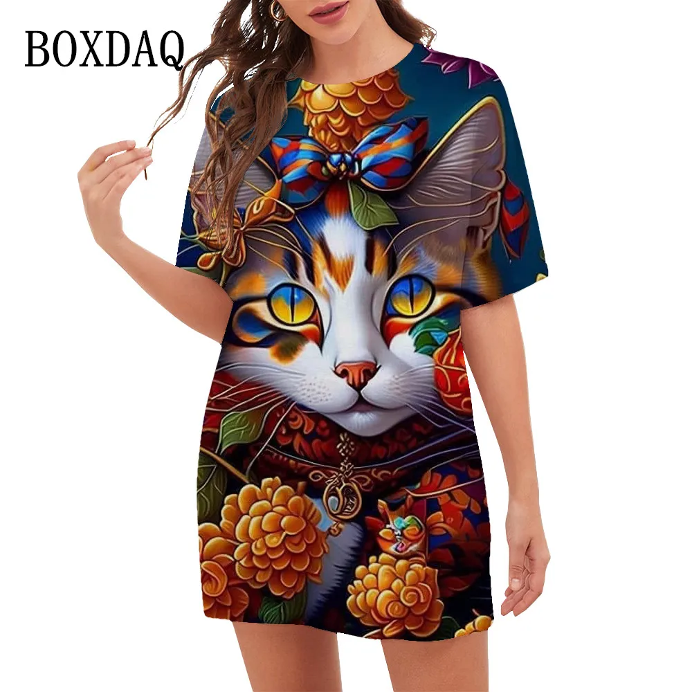 New 2023 Women Dresses Fashion Pattern O-Neck Cartoon Cat Floral Print Dress Summer Trend Casual Short Sleeve Party Ladies Dress