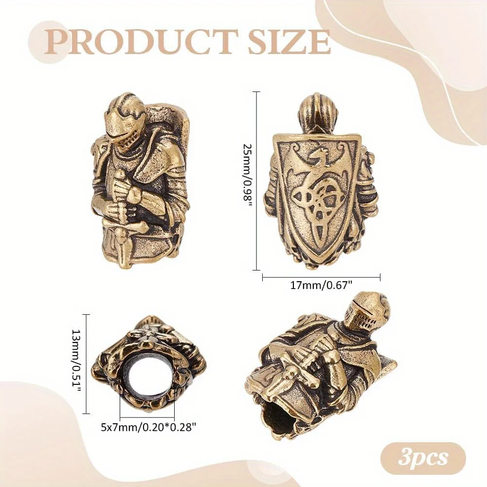 3Pcs Knight Lanyard Beads EDC Charm Beads Brass European Spacers Antique Bronze Large Hole for Knife EDC Tools Tactical - view 2