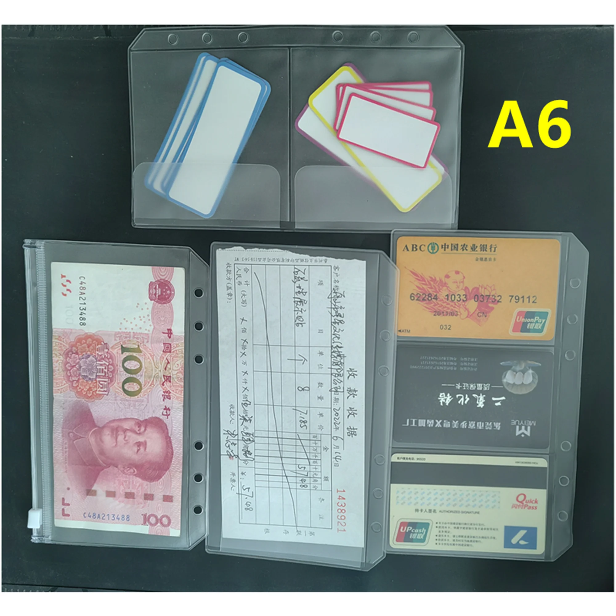 A6 Binder Pockets 6 Holes Cash Envelopes for Budgeting, Clear Zipper Folders for 6-Ring Budget Binder