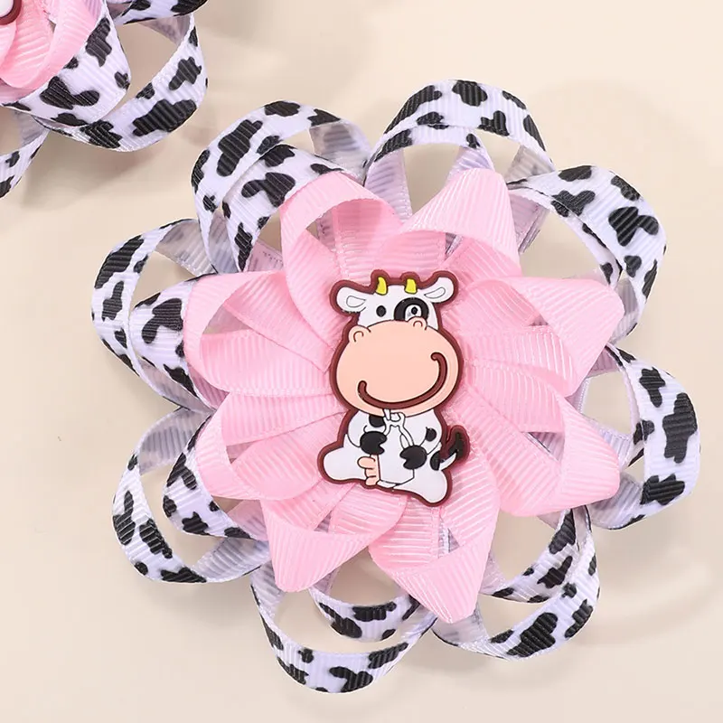 2Pcs Cute Cow Hairpins For Kids Sweet Ribbon Print Baseball Hair Clips Boutique Flower Barrettes Headwear Kids Hair Accessories