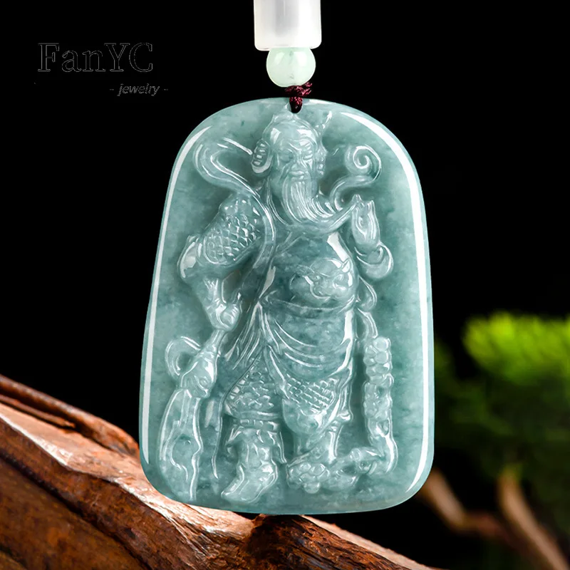 

Myanmar Jadeite Blue Water Guan Gong Pendant Hand-carved Exquisite Fashion Glutinous Jade Necklace Men and Women Holiday Gift