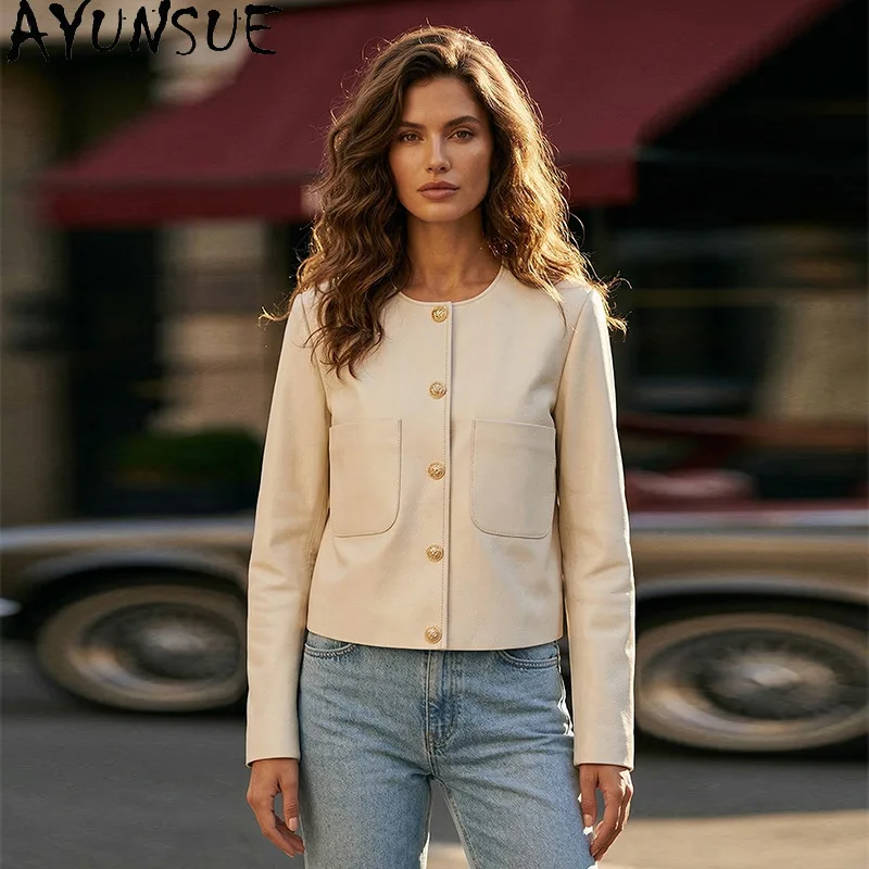 AYUNSUE Women's Goatskin Jackets Luxury Gold-buttoned Long Sleeve Tops Short O-neck Commuting Jacket Woman Clothing Jaqueta