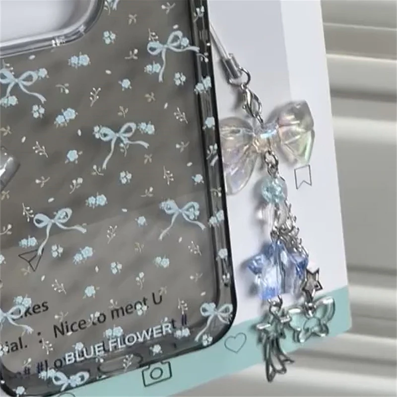 Korea Cute Clear Bow Blue Star Beaded Phone Chain Charm Lanyard For iPhone Samsung Huawei Universal Accessories Jewelry Pendant