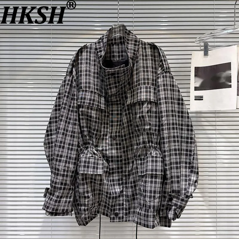 

HKSH Spring Autumn New Women Jacket Plaid Pockets Drawstring Waist Cinching Stand Collar Streetweat Y2K Tide Trench Coat HK11268