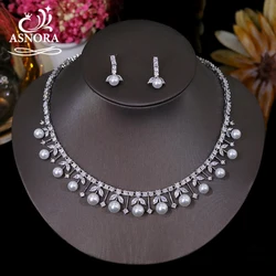 Classic 2pcs Cubic Zirconia  Round Shape Bride Sets for Women Elegant White Pearls Necklace Earrings Wedding Dress Jewelry