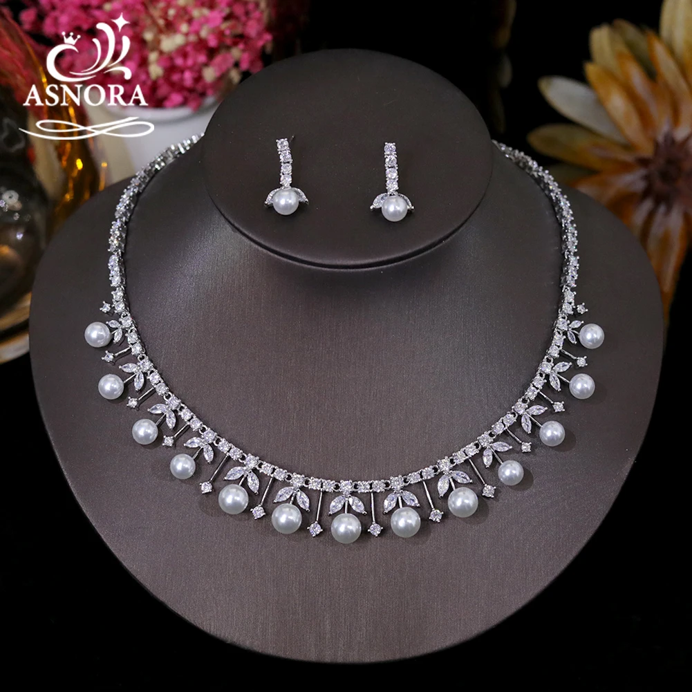 zirconia cubica conjuntos de noiva forma redonda para mulheres perolas brancas elegantes colares e brincos vestido de noiva classico pecas 01