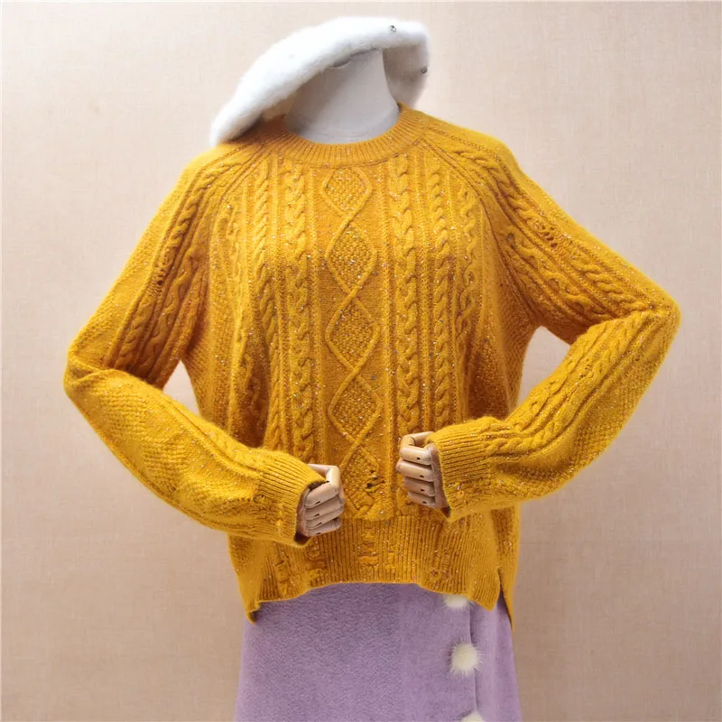 Yellow Cable Knit Angora Rabbit Hair Sweater Women Crewneck Pullover Fluffy Warm Winter Casual Jumper