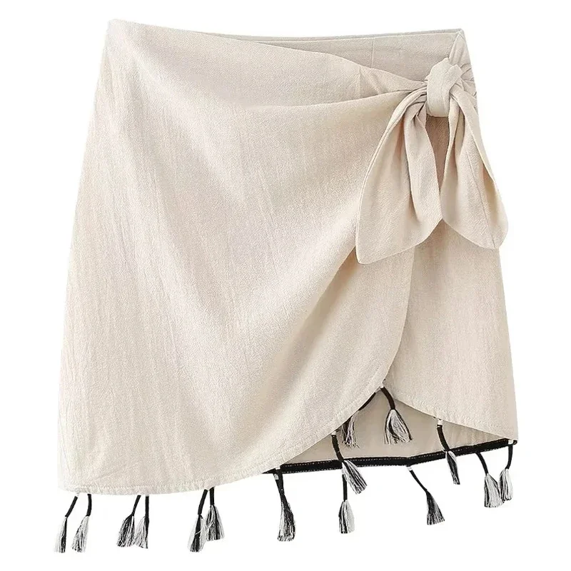TRAF Fringing Knot Bow Skirts Women's Skirt Spring Summer 2024 Mini High Waist Short Skirt Elegant Women Trending Fashion Skirt