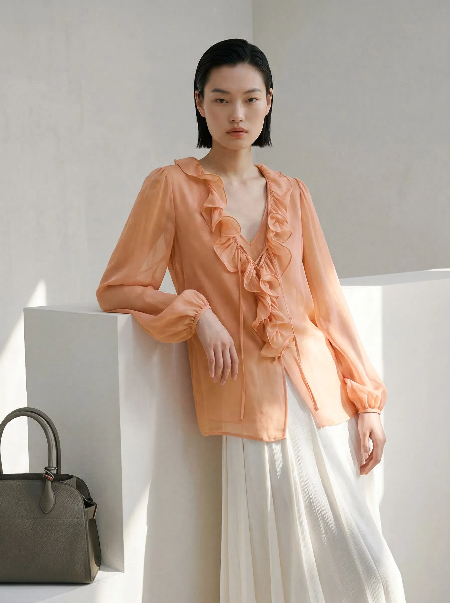 

Элегантная шелковая блузка с V-образным вырезом, свободного кроя, двухслойная, BY1082, женская, весенняя мода, Cleanfit, с длинным рукавом, дышащая, комфортная