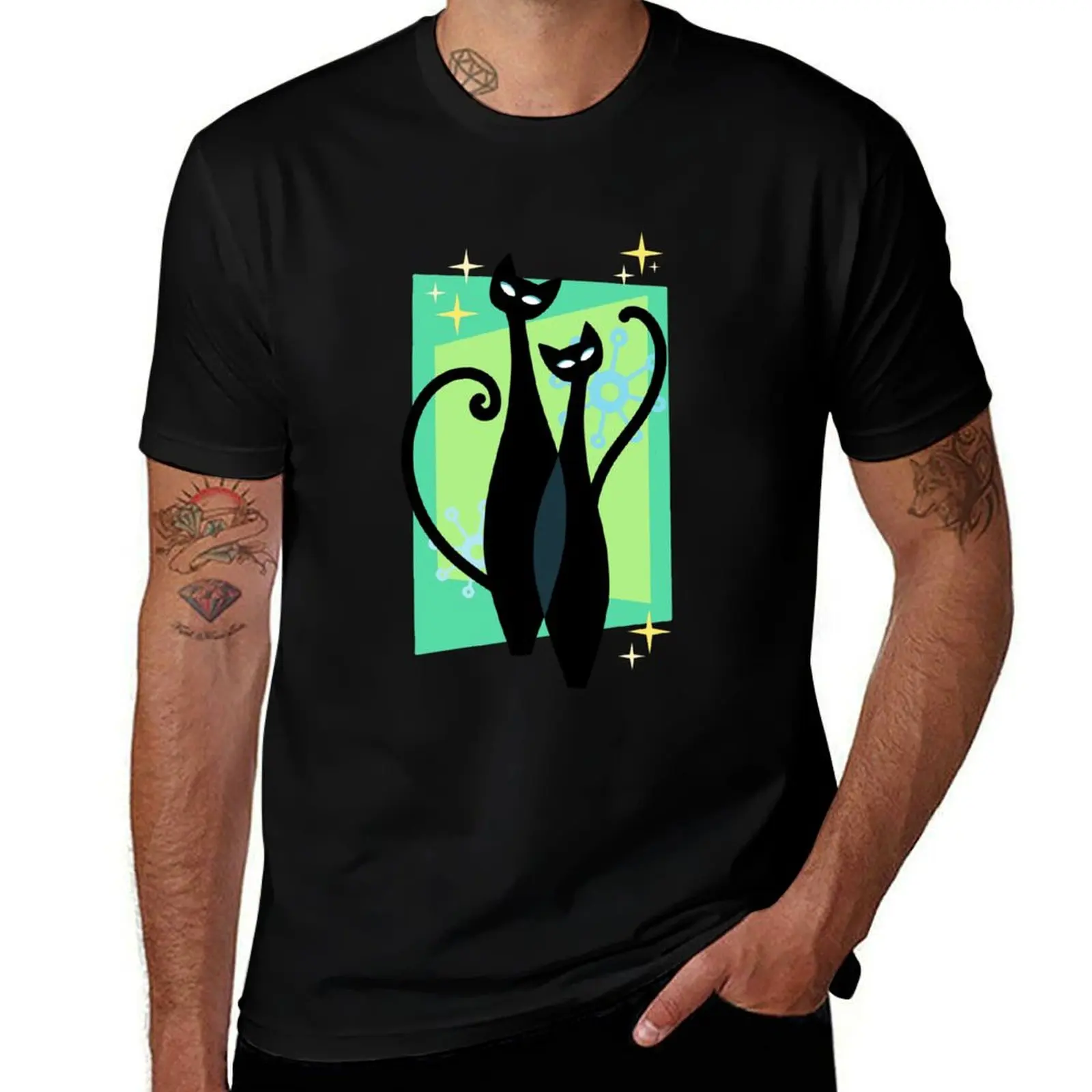 Sassy Sparkling Atomic Age Black Kitschy Cats T-Shirt Minimalist Plain Crew Neck T-Shirt