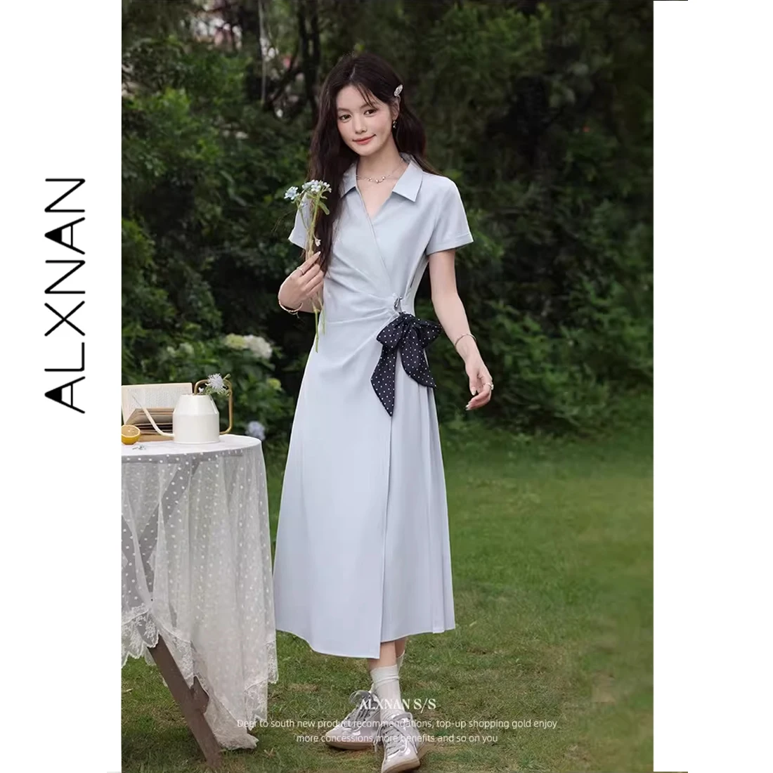 ALXNAN Plus Size Shirt Collar Dress Women Elegant Twist Ruched Waist Design Long Dresses Casual Includes Polka Dot Scarf D11097