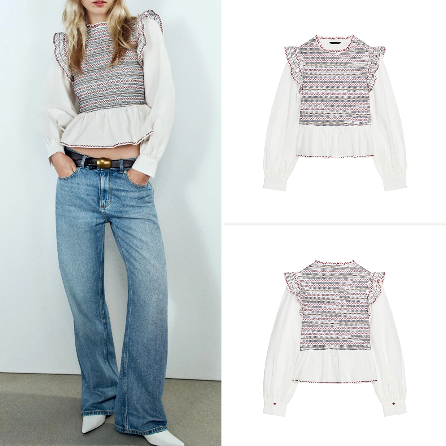Fashionable Long Sleeve round Neck Embroidered Shirt Women's Clothing 2026 New Autumn Honeycomb Pattern Stitched Shirt
