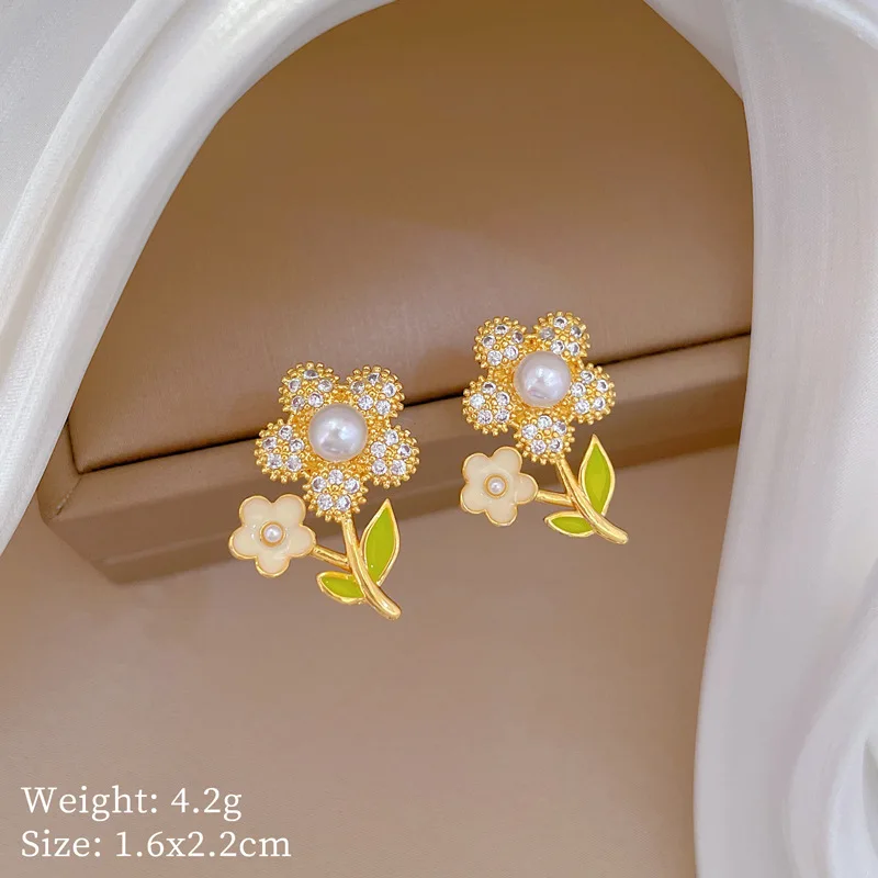DIEYURO 316L Stainless Steel Zircon Sunflower Plant Pearl Pendant Necklace Earrings Set Women New Trend Non-fading Jewelry Gift