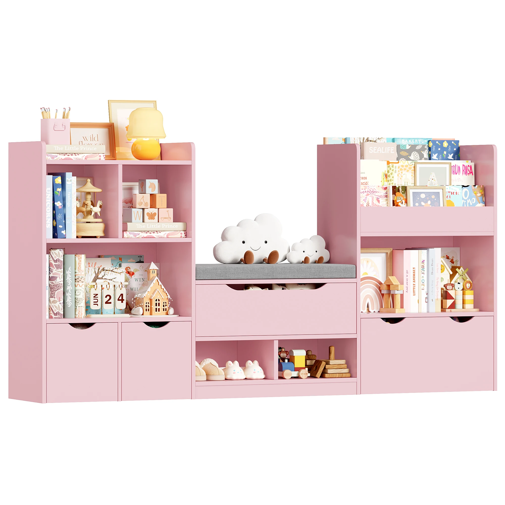 Getone speelgoedopbergkast, kinderboekenkast 183 cm, kinderkamermeubel met bank, kinderplank met 3 laden 183.5X94.5X29.8 cm